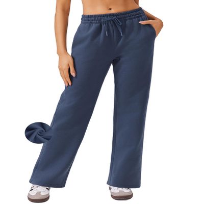 PINSPARK Lady Fleece Straight Legs Sweatpants High Waisted Winter Athletic Pants with Pockets Baggy Thick Drawstring Sweat Pant Navy Regular L