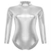 Linjinx Women's Shiny Turtleneck Long Sleeve Leotard One Piece Back Zipper Bodysuit Dance Costume Silver Small view 3