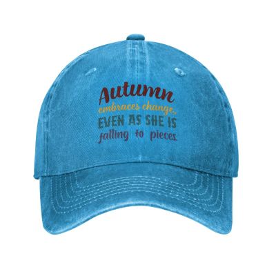Autumn Embraces Change, Even As She Is Falling to Pieces Baseball Cap for Men Women Vintage Trucker Hat Golf Hats Dad Hat Blue