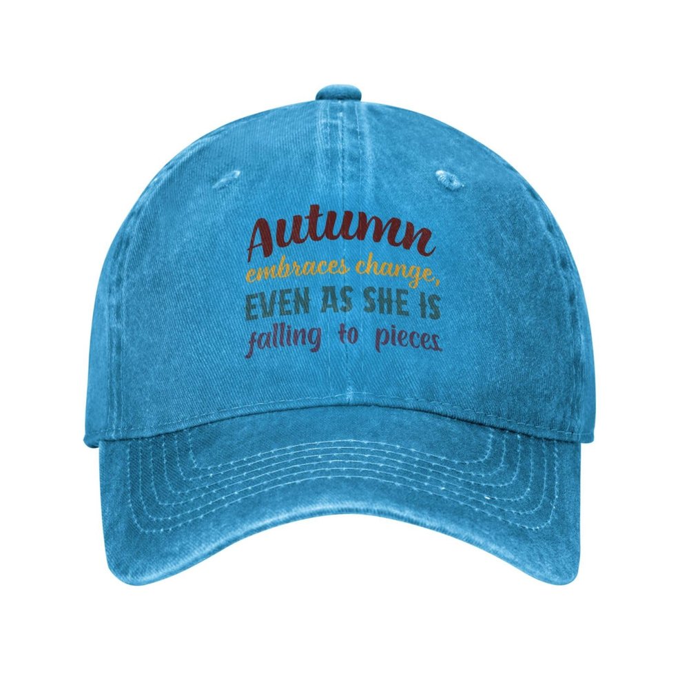 Autumn Embraces Change, Even As She Is Falling to Pieces Baseball Cap for Men Women Vintage Trucker Hat Golf Hats Dad Hat Blue
