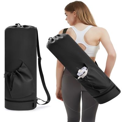 sportsnew Large Yoga Mat Bag with Bottom Wet Pocket and Pocket for 40oz Water Bottle with Handle, Exercise Yoga Mat Carrier Multi-Functional Storage Bag, Plus Size Black