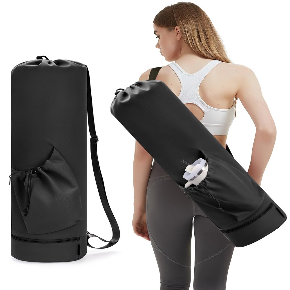 sportsnew Large Yoga Mat Bag with Bottom Wet Pocket and Pocket for 40oz Water Bottle with Handle, Exercise Yoga Mat Carrier Multi-Functional Storage Bag, Plus Size Black
