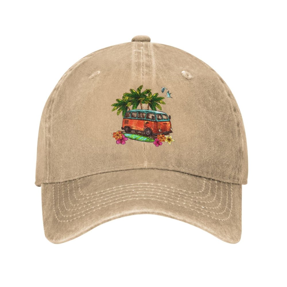 Bus Under The Palm Tree Baseball Cap for Men Women Vintage Trucker Hat Golf Hats Dad Hat Natural