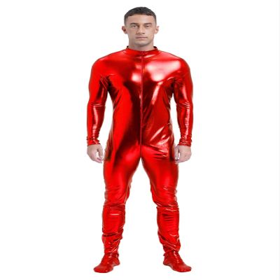 YiZYiF Men's Shiny Metallic Unitard Zentai Zipper Stretchy Bodysuit Long Sleeve One Piece Jumpsuits Red Large