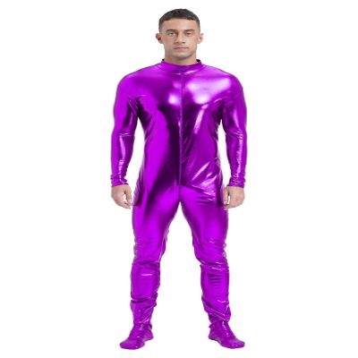 Hedmy Men's Shiny Metallic Unitard Turtleneck Long Sleeve Zentai Suit Jumpsuits Catsuit Dancewear Purple Medium