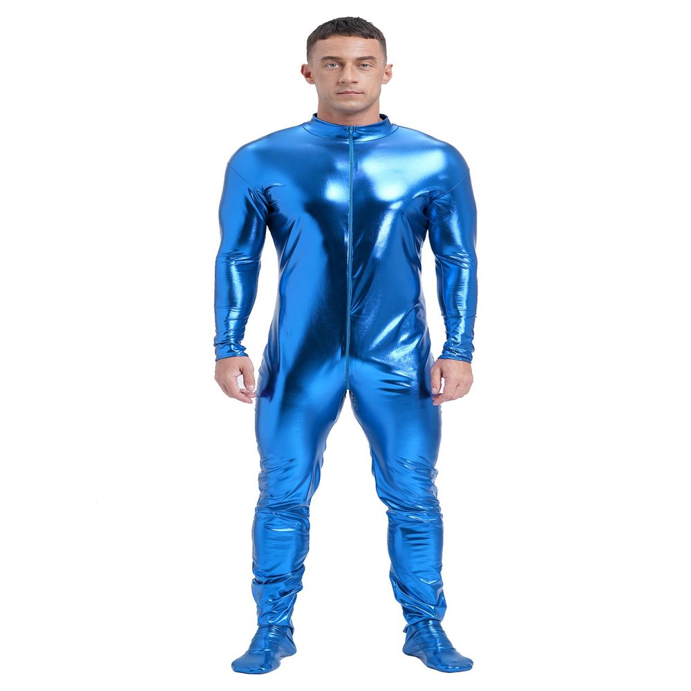 Lejafay Men's Long Sleeve Shiny Metallic Zentai Bodysuit Turtleneck Zipper Unitard Jumpsuits Catsuit Sky Blue 3X-Large