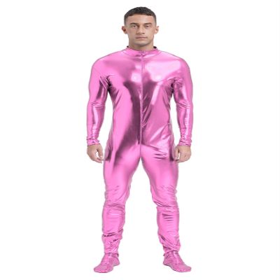 Lejafay Men's Long Sleeve Shiny Metallic Zentai Bodysuit Turtleneck Zipper Unitard Jumpsuits Catsuit Pink Large