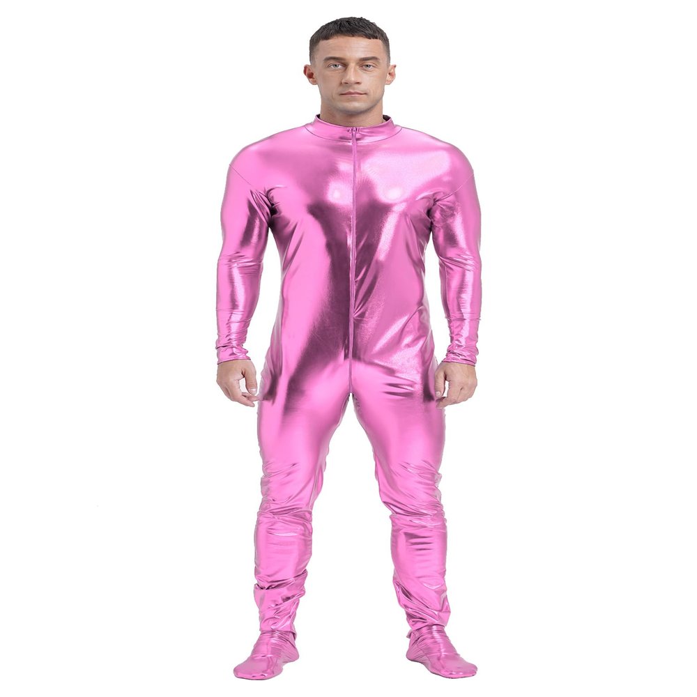 Lejafay Men's Long Sleeve Shiny Metallic Zentai Bodysuit Turtleneck Zipper Unitard Jumpsuits Catsuit Pink Large
