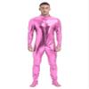 Lejafay Men's Long Sleeve Shiny Metallic Zentai Bodysuit Turtleneck Zipper Unitard Jumpsuits Catsuit Pink Large view 1