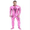 Lejafay Men's Long Sleeve Shiny Metallic Zentai Bodysuit Turtleneck Zipper Unitard Jumpsuits Catsuit Pink Large view 2