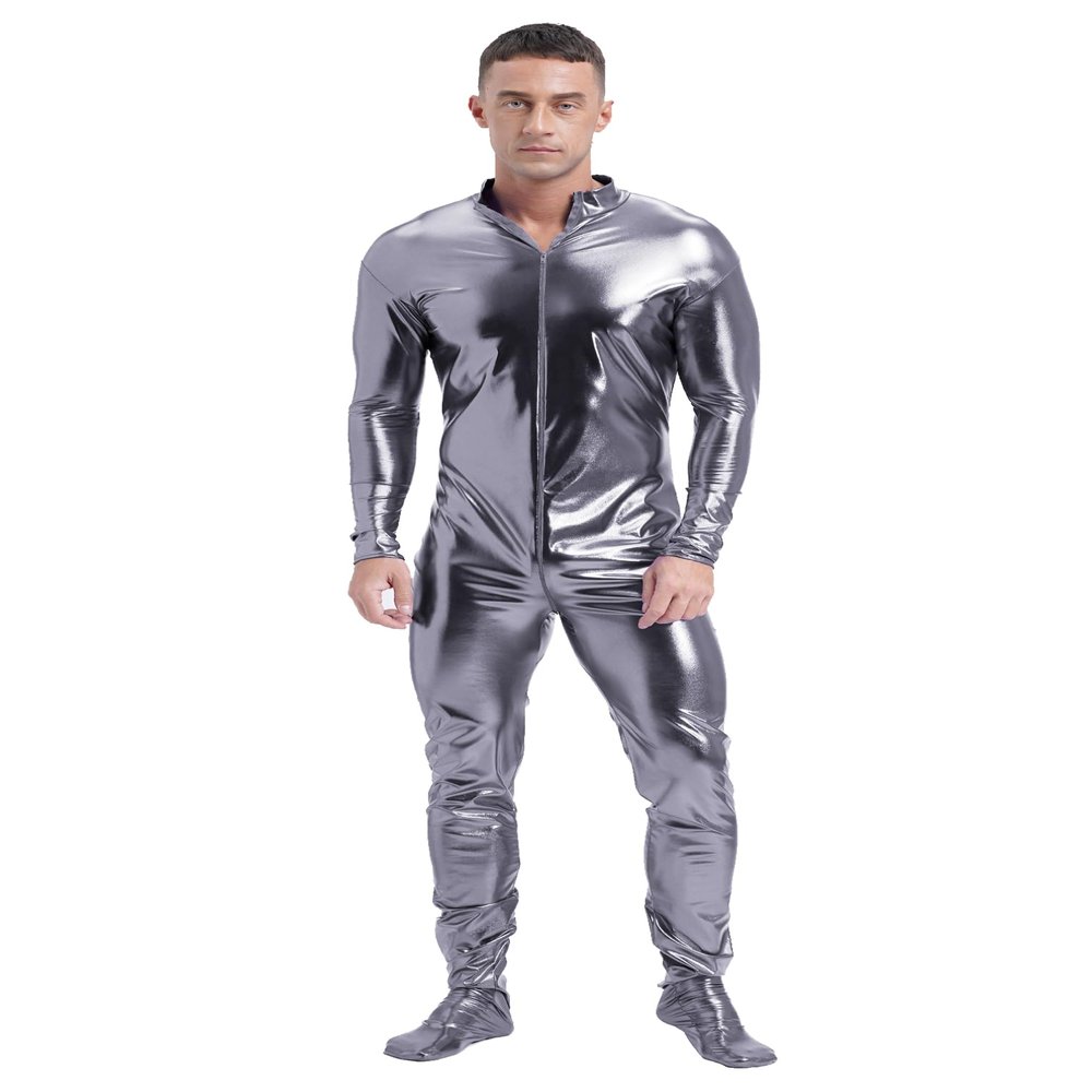 YiZYiF Men's Shiny Metallic Unitard Zentai Zipper Stretchy Bodysuit Long Sleeve One Piece Jumpsuits Grey Large