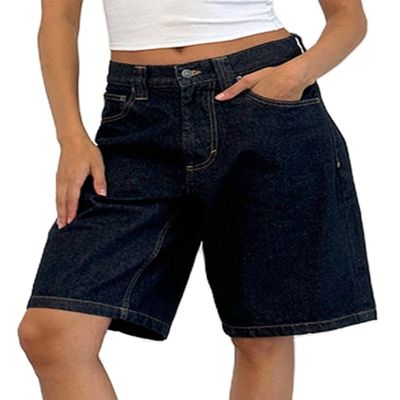 NUFIWI Women Baggy Denim Bermuda Shorts Y2k Vintage Straight Leg Denim Shorts Casual Knee Length Jean Jorts with Pockets(Denim Indigo,XL)