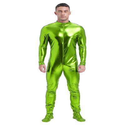 Hedmy Men's Shiny Metallic Unitard Turtleneck Long Sleeve Zentai Suit Jumpsuits Catsuit Dancewear Grass Green XX-Large