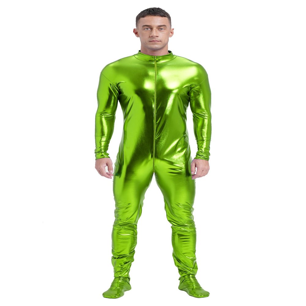 Hedmy Men's Shiny Metallic Unitard Turtleneck Long Sleeve Zentai Suit Jumpsuits Catsuit Dancewear Grass Green XX-Large