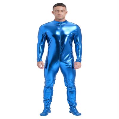 Lejafay Men's Long Sleeve Shiny Metallic Zentai Bodysuit Turtleneck Zipper Unitard Jumpsuits Catsuit Sky Blue X-Large