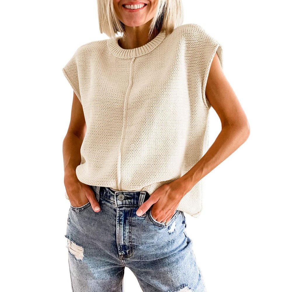 Bestgift Women's Knitted Vest Top Casual Round Neck Loose Sweater Pullover Apricot L