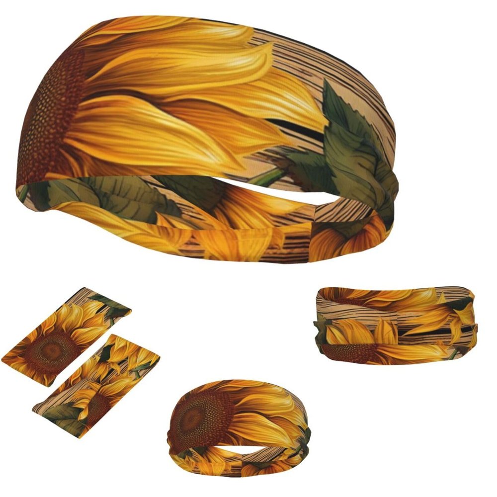 Dwrepo Sports Headbands for Men Women Sports Sweatband Paint Wooden Board Sunflower Hairband Moisture Wicking Head Bands, Black