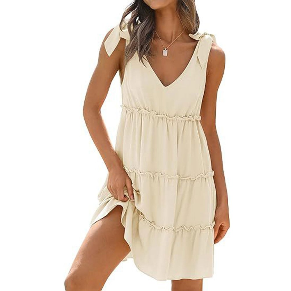 Bestgift Casual Sleeveless V-Neck Ruffle Dress Apricot S