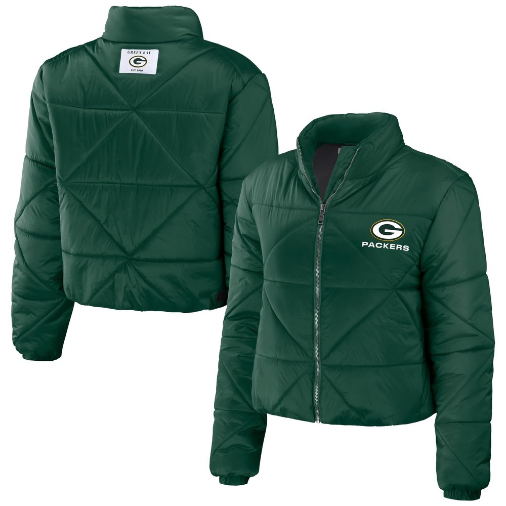 WEAR by Erin Andrews Women's Green Green Bay Packers Cropped Puffer Full-Zip Jacket
