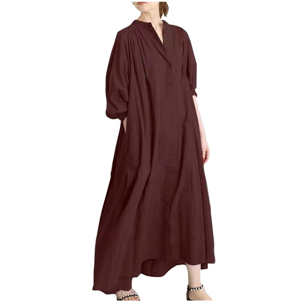 Lmdudan Women Summer Dresses Casual Mid Sleeve V Neck Cotton Linen Dress Fashion Solid Color Button Maxi Dresses with Pockets