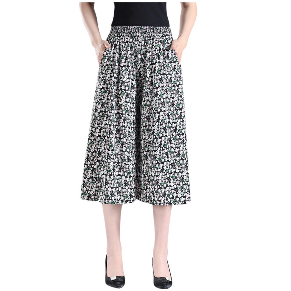 Generic Womens Pleated Chiffon Culottes High Elastic Waist Wide Leg Pants Dressy For Women Knee Length W2 Light Gray 4XL