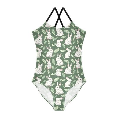 ALAZA Rabbit Bunny Leaf Green Girls One Piece Swimsuit Swimwear Beach Sport Bathing Suit 3T
