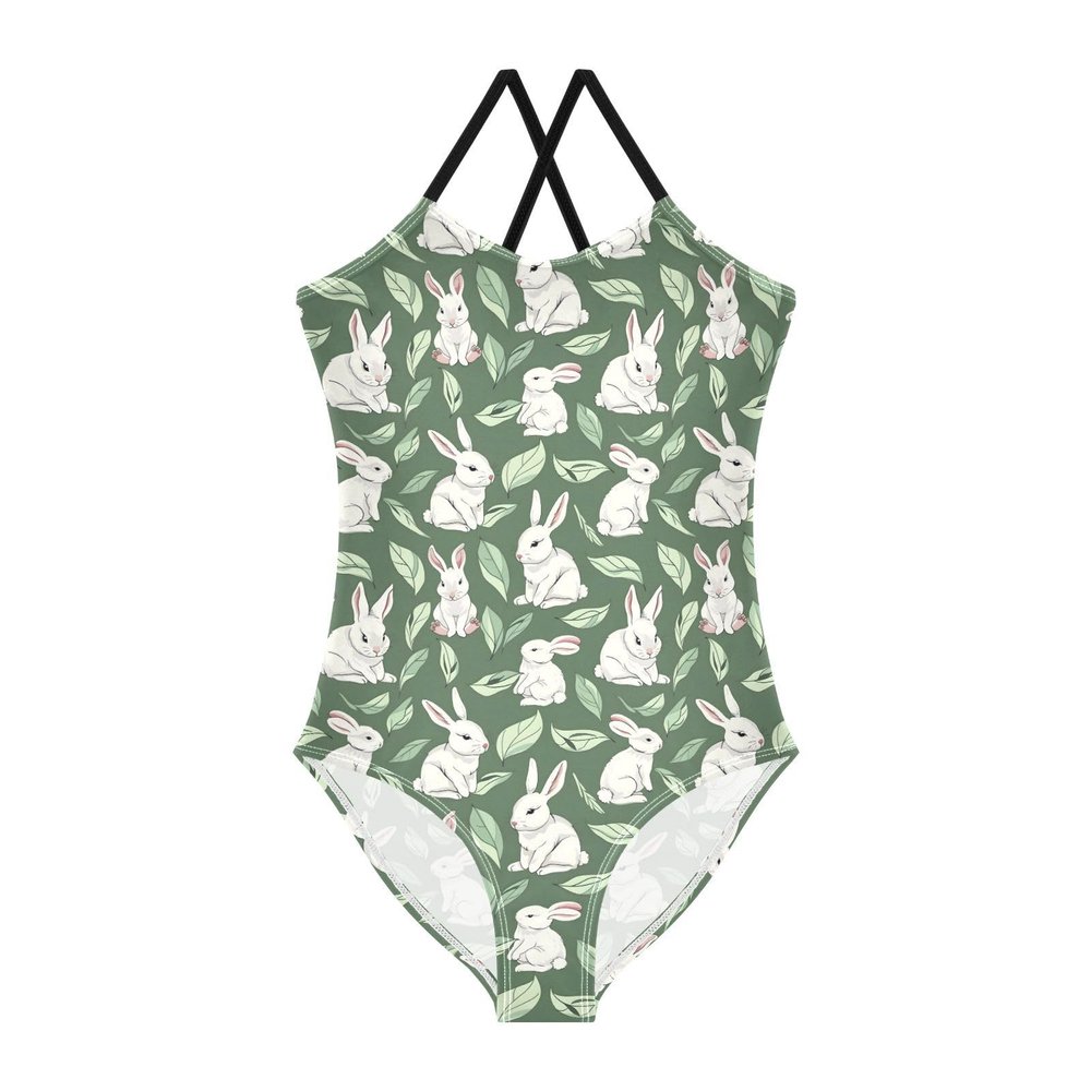 ALAZA Rabbit Bunny Leaf Green Girls One Piece Swimsuit Swimwear Beach Sport Bathing Suit 3T