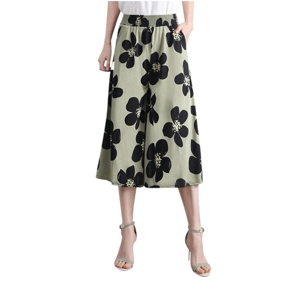 Generic Womens Pleated Chiffon Culottes High Elastic Waist Wide Leg Pants Dressy For Women Knee Length W1 Light Green XXL