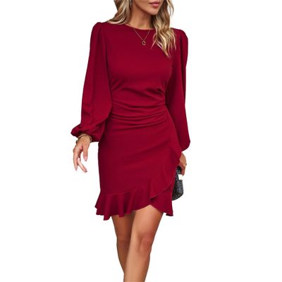 NineFit Basics Women'S Layered Ruffle Hem A Line Mini Dress Casual Crewneck Long Sleeve Tunic Dress Spring Fall Loose Flowy Dress (X-Large,Red)