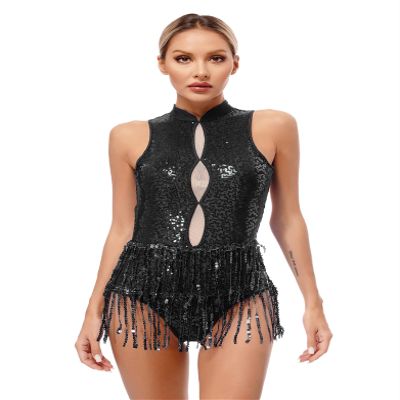 Yhong Women Tassel Leotard Sleeveless Latin Jazz Dance Leotard Samba Cha-cha Tango Dress Ballroom Dancewear Black X-Large