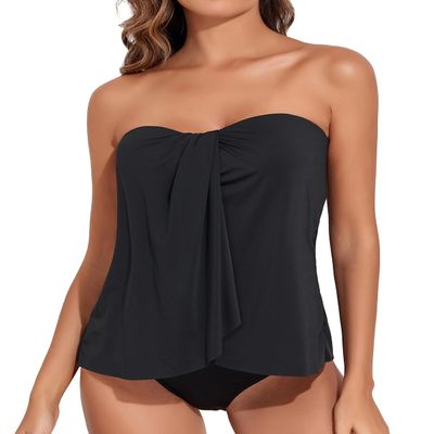 Tempt Me Black Two Piece Tankini Bathing Suits for Women Halter Bandeau Swim Top with Bottom Flyaway Tummy Control Swimsuit XS