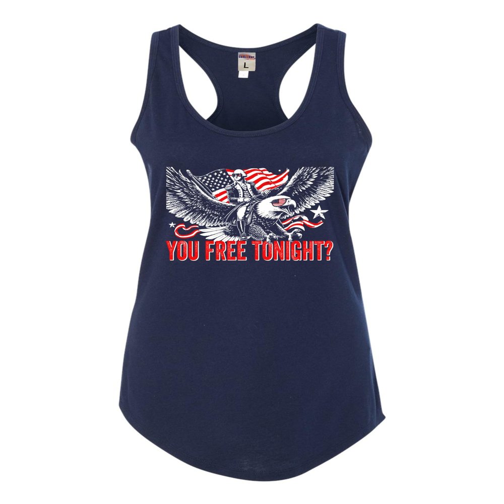 Large Navy Blue Women Fitted George Washington USA Bald Eagle You Free Tonight? Sleeveless Tank Top T-Shirt