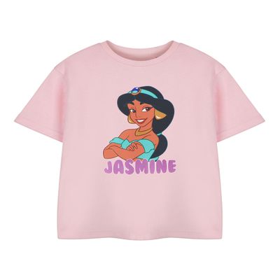 Disney Princess Jasmine Girls Pink Short Sleeved T-Shirt | Jasmine Aladdin Graphic Tee for Kids | Apparel Merchandise Gift