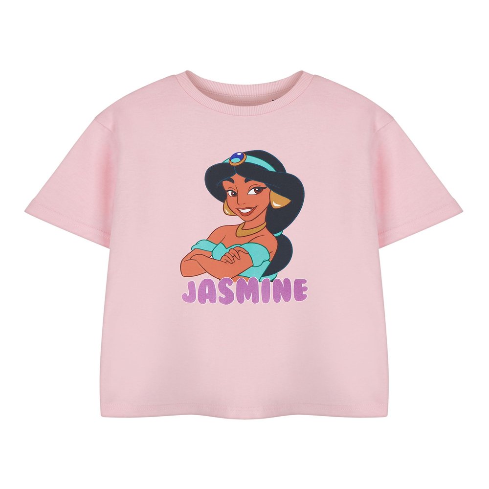 Disney Princess Jasmine Girls Pink Short Sleeved T-Shirt | Jasmine Aladdin Graphic Tee for Kids | Apparel Merchandise Gift