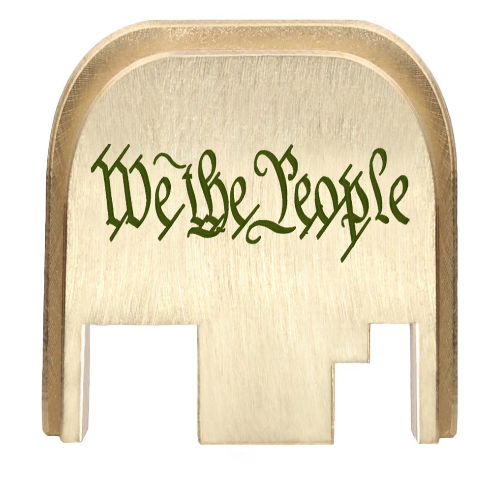 NDZ Performance Rear Slide Cover Back Plate for Gen 1-4 Glock 17 19, 9mm .40 .357 .45, Custom Olive Drab Green Laser Engraved Images on Brass, Made in The USA - We The People 1 Line Script