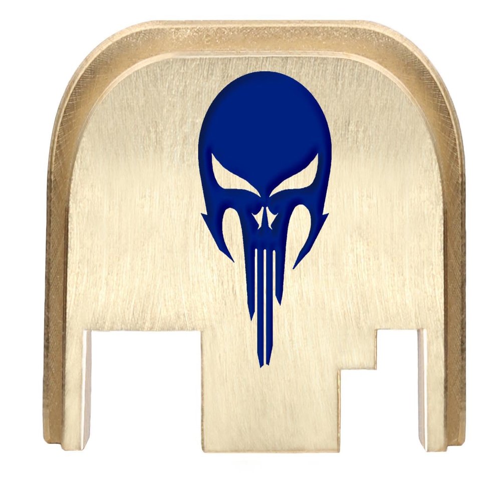 NDZ Performance Rear Slide Cover Back Plate for Gen 1-4 Glock 17 19, 9mm .40 .357 .45, Custom Dark Blue Laser Engraved Images on Brass, Made in The USA - NDZ Skull 2
