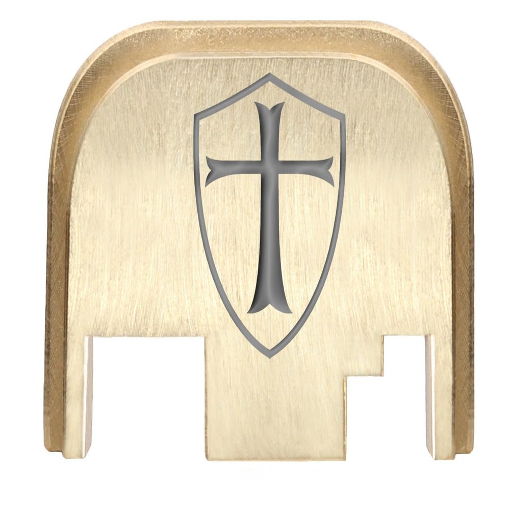 NDZ Performance Rear Slide Cover Back Plate for Gen 1-4 Glock 17 19, 9mm .40 .357 .45, Custom Silver Laser Engraved Images on Brass, Made in The USA - Knights Templar Shield