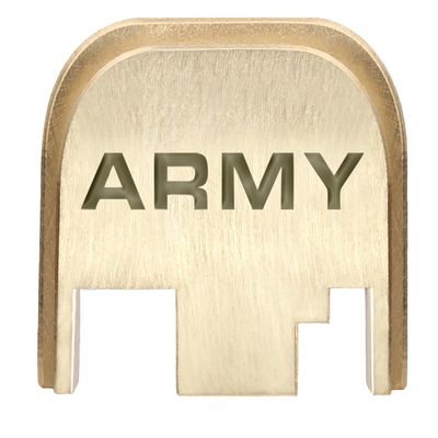 NDZ Performance Rear Slide Cover Back Plate for Gen 1-4 Glock 17 19, 9mm .40 .357 .45, Custom Flat Dark Earth Laser Engraved Images on Brass, Made in The USA - Army Text