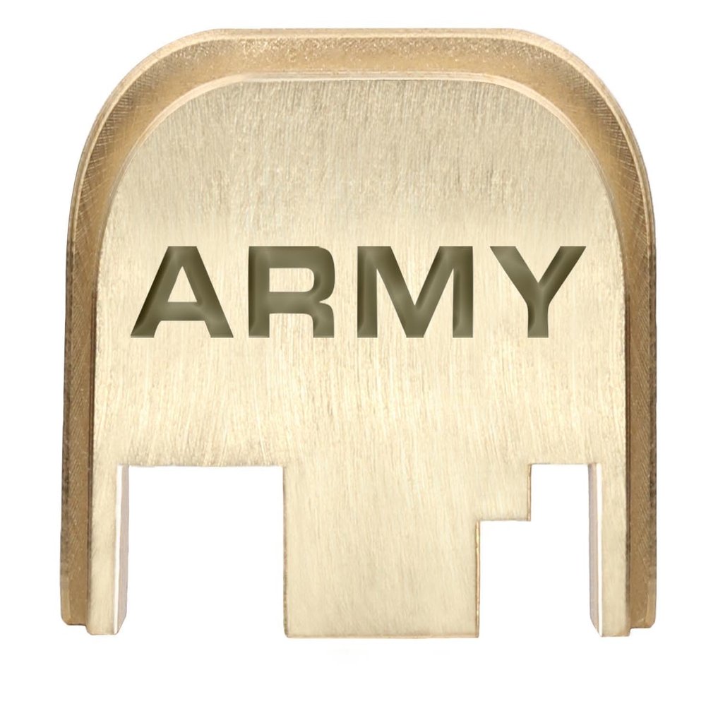 NDZ Performance Rear Slide Cover Back Plate for Gen 1-4 Glock 17 19, 9mm .40 .357 .45, Custom Flat Dark Earth Laser Engraved Images on Brass, Made in The USA - Army Text