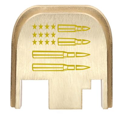 NDZ Performance Rear Slide Cover Back Plate for Gen 1-4 Glock 17 19, 9mm .40 .357 .45, Custom Light Gold Laser Engraved Images on Brass, Made in The USA - Stars Bullets US Flag