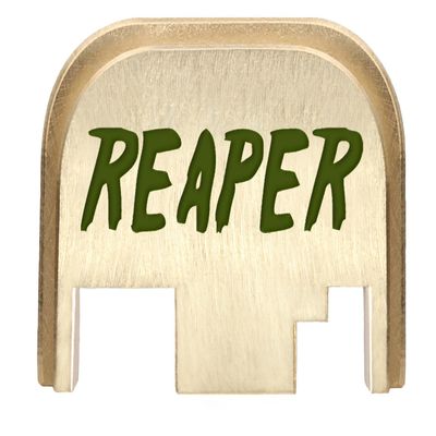 NDZ Performance Rear Slide Cover Back Plate for Gen 1-4 Glock 17 19, 9mm .40 .357 .45, Custom Olive Drab Green Laser Engraved Images on Brass, Made in The USA - Reaper Text
