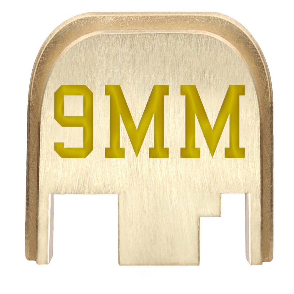 NDZ Performance Rear Slide Cover Back Plate for Gen 1-4 Glock 17 19, 9mm .40 .357 .45, Custom Light Gold Laser Engraved Images on Brass, Made in The USA - 9MM Caliber
