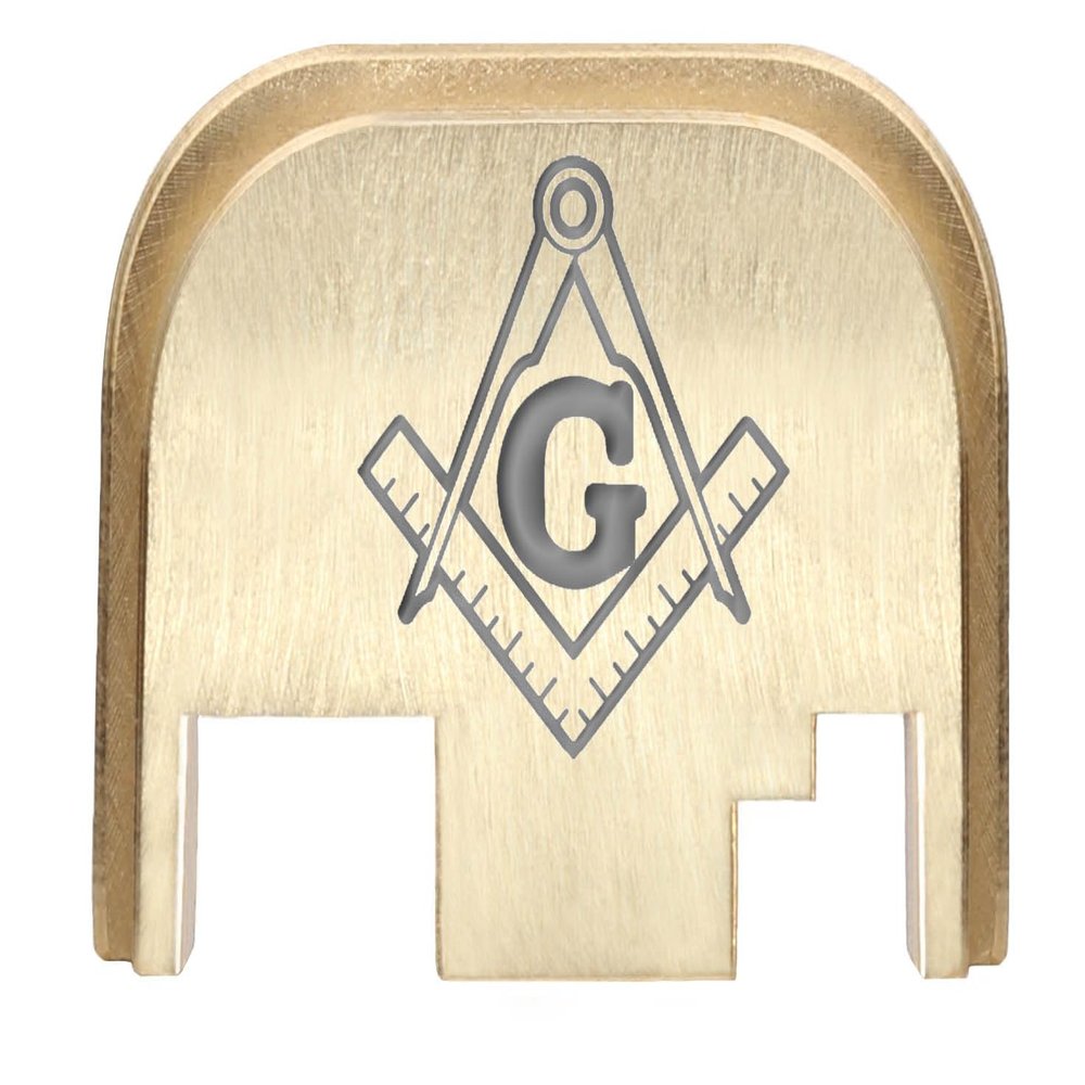 NDZ Performance Rear Slide Cover Back Plate for Gen 1-4 Glock 17 19, 9mm .40 .357 .45, Custom Silver Laser Engraved Images on Brass, Made in The USA - Masonic Square and Compass