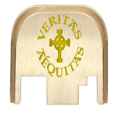 NDZ Performance Rear Slide Cover Back Plate for Gen 1-4 Glock 17 19, 9mm .40 .357 .45, Custom Light Gold Laser Engraved Images on Brass, Made in The USA - Veritas Aequitas Bold