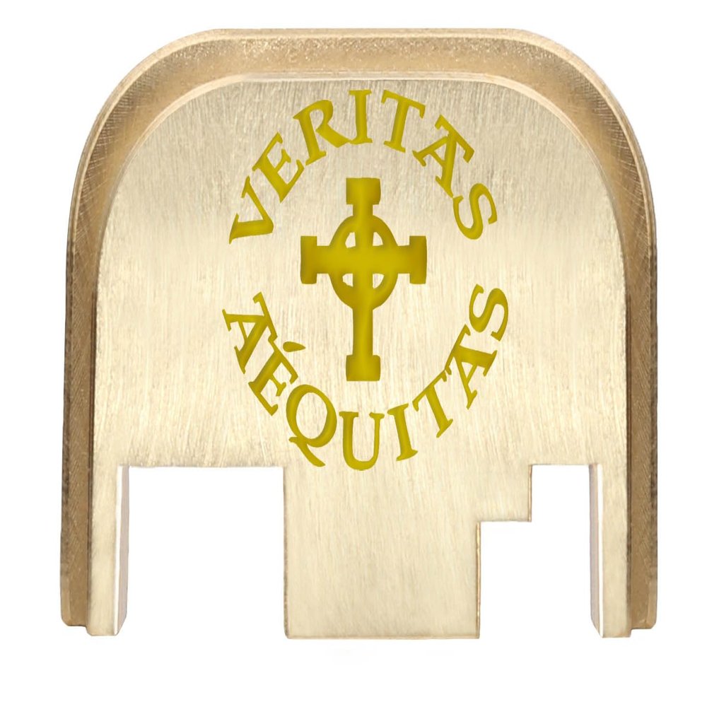 NDZ Performance Rear Slide Cover Back Plate for Gen 1-4 Glock 17 19, 9mm .40 .357 .45, Custom Light Gold Laser Engraved Images on Brass, Made in The USA - Veritas Aequitas Bold
