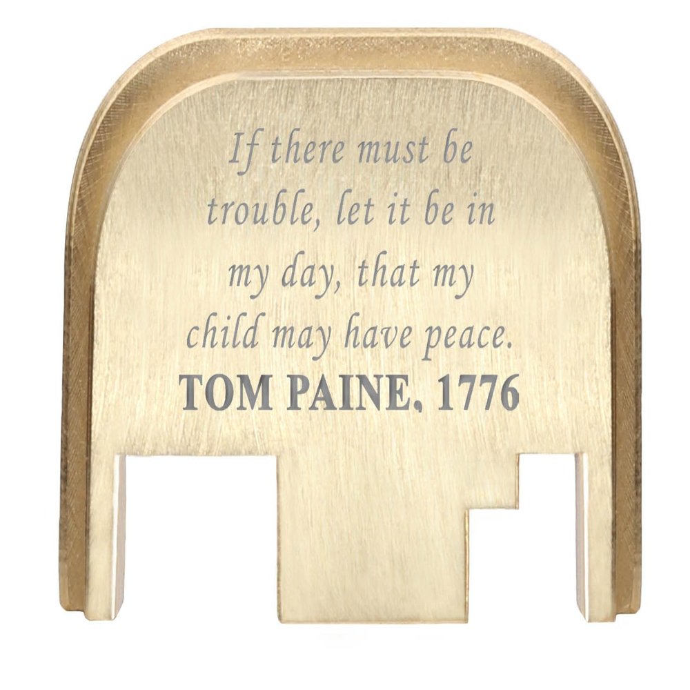 NDZ Performance Rear Slide Cover Back Plate for Gen 1-4 Glock 17 19, 9mm .40 .357 .45, Custom Silver Laser Engraved Images on Brass, Made in The USA - Thomas Paine