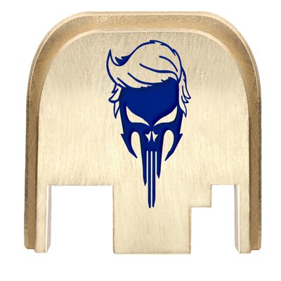 NDZ Performance Rear Slide Cover Back Plate for Gen 1-4 Glock 17 19, 9mm .40 .357 .45, Custom Dark Blue Laser Engraved Images on Brass, Made in The USA - Trump Skull