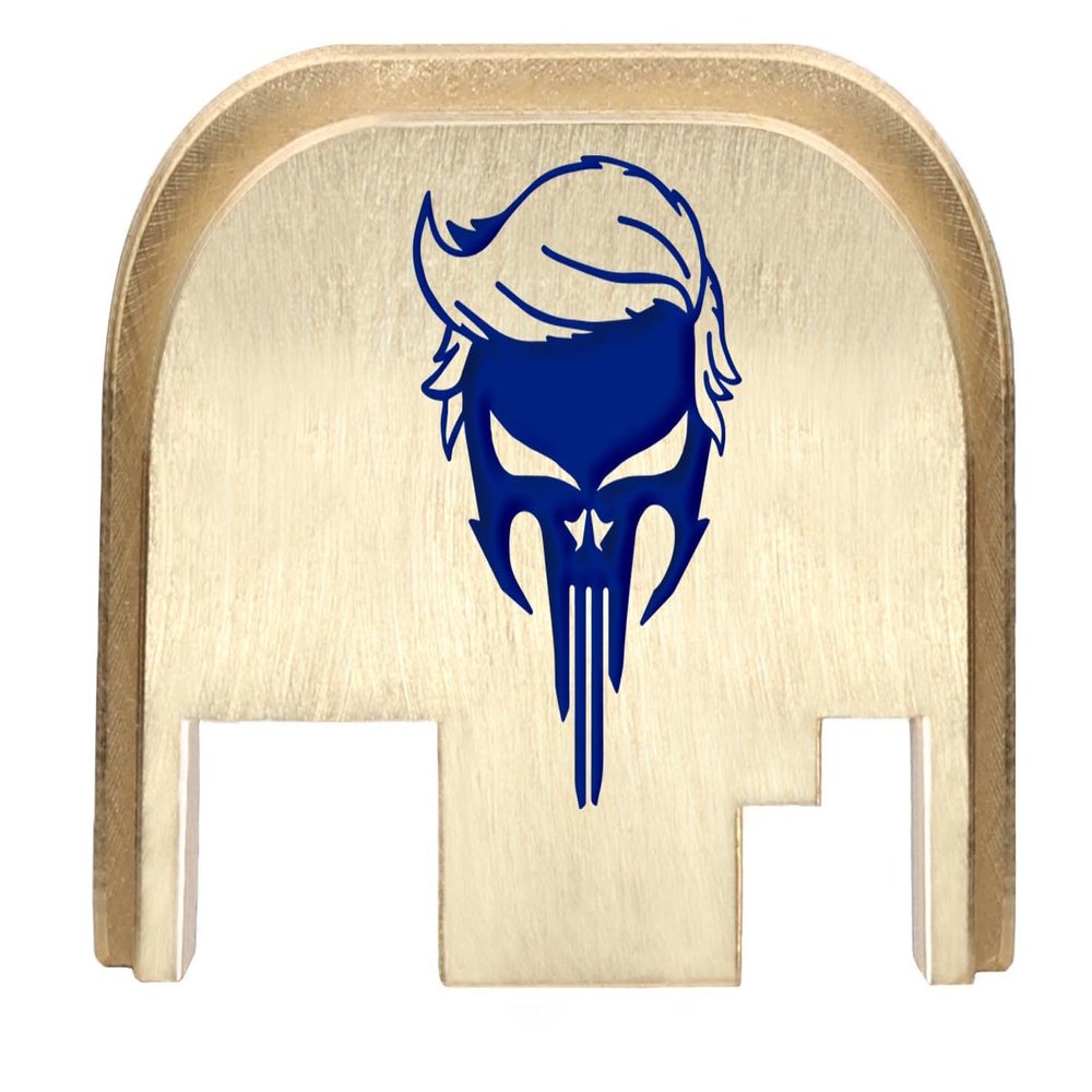 NDZ Performance Rear Slide Cover Back Plate for Gen 1-4 Glock 17 19, 9mm .40 .357 .45, Custom Dark Blue Laser Engraved Images on Brass, Made in The USA - Trump Skull