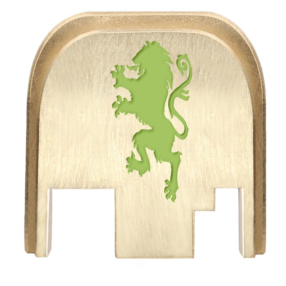 NDZ Performance Rear Slide Cover Back Plate for Gen 1-4 Glock 17 19, 9mm .40 .357 .45, Custom Light Green Laser Engraved Images on Brass, Made in The USA - Hearaldic Lion 1