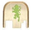 NDZ Performance Rear Slide Cover Back Plate for Gen 1-4 Glock 17 19, 9mm .40 .357 .45, Custom Light Green Laser Engraved Images on Brass, Made in The USA - Hearaldic Lion 1 view 1